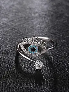 MEENAZ Silver-Plated American Diamond Studded Evil-Eye Charm Ring