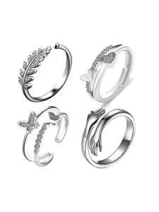 MEENAZ Set Of 4 Silver-Plated AD-CZ-Studded Adjustable Ring