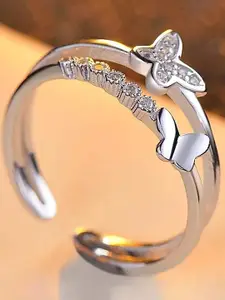 MEENAZ Silver-Plated AD-Studded Adjustable Butterfly Charm Ring