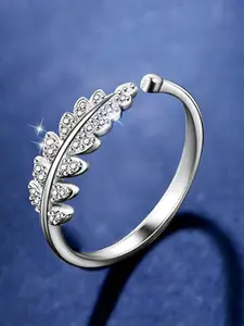 MEENAZ Silver-Plated AD-Studded Adjustable Leaf Charm Ring