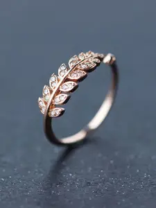 MEENAZ Rose-Gold Plated AD-CZ Studded Adjustable Leaf Charm Ring