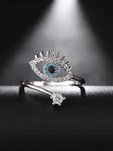 MEENAZ Silver-Plated AD-Studded Adjustable Evil-Eye Charm Ring