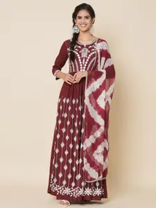 Meeranshi Floral Embroidered Gathered Fit & Flare Maxi Ethnic Dress With Dupatta