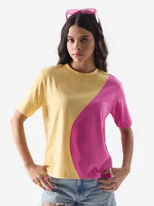 The Souled Store Yellow And Pink Colourblocked Pure Cotton T-Shirt