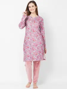 XIN Women Pink & Blue Floral Printed Night suit