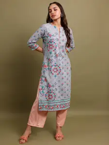 Vishudh Grey Floral Printed Notched Neck Cotton Straight Kurta