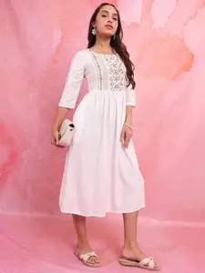 Vishudh Off White Floral Embroidered Gathered Or Pleated Cotton Fit & Flare Midi Dress