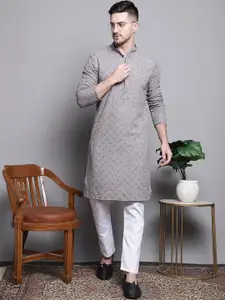 Jompers Floral Embroidered Sequinned Pure Cotton Straight Kurta With Pyjamas