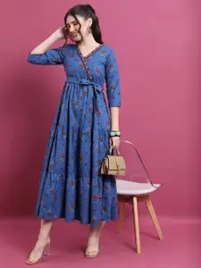 Vishudh Blue Ethnic Motifs Printed V-Neck Tiered Empire Midi Ethnic Dress