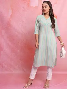 Vishudh Blue Striped V-Neck Three-Quarter Sleeves Empire Kurta