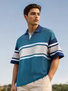 The Souled Store Blue & Beige Colourblocked Polo Collar Pure Cotton Casual T-shirt