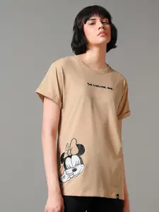 Bewakoof Brown Minnie Mouse Printed Round Neck Pure Cotton Oversized T-shirt