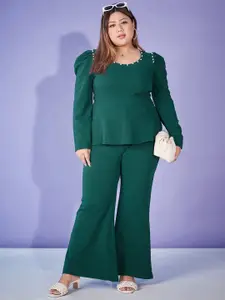 SASSAFRAS Curve Green Plus Size Top With Bell Bottom Trouser