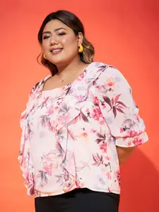 SASSAFRAS Curve Pink Plus Size Floral Printed Square Neck Ruffle Detail Georgette Top