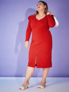 SASSAFRAS Curve Plus Size Red Puff Sleeves Sheath Midi Dress