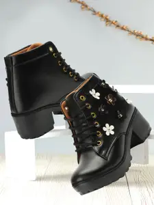 Krafter Women Mid Top Embellished Platform Heeled Chunky Boots