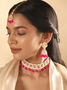 Rubans 24K Gold-Plated Kundan Studded & Beaded Necklace & Earrings With Maang Tikka