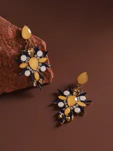 SOHI Gold-Plated Crystal Studded Floral Drop Earrings