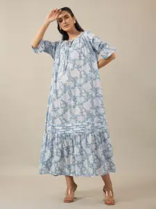 SANSKRUTIHOMES Floral Printed Tie-Up Neck Puff Sleeves Gathered Cotton A-Line Midi Dress