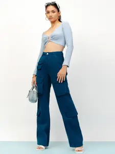 FREAKINS Women Blue Straight Fit High Rise Pure Cotton Cargo Jeans