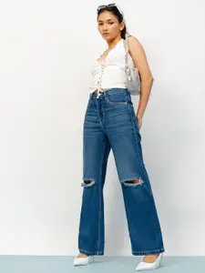 FREAKINS Women Blue Wide Leg High Rise Slash Knee Light Fade Pure Cotton Jeans