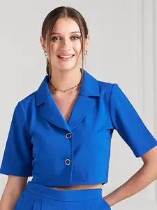 Athena Blue Lapel Collar Short Sleeves Shirt Style Top