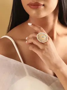 Rubans 22K Gold-Plated Kundan Studded Pearl Beaded Adjustable Finger Ring