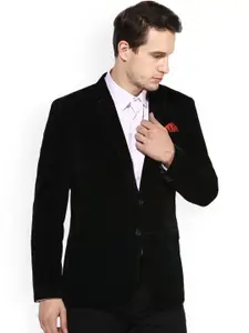 Hangup Men Black Velvet Regular Fit Single-Breasted Party Blazer