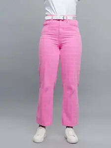 FREAKINS Women Pink Straight Fit High Rise Pure Cotton Jeans
