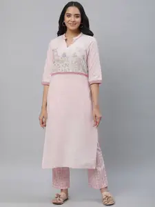 AURELIA Floral Printed Mandarin Collar Pure Cotton Straight Kurta