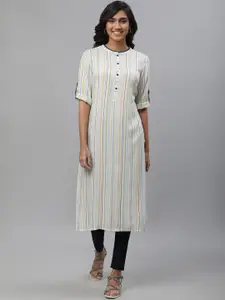 AURELIA Striped Band Collar Roll-Up Sleeves Kurta