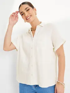 Styli Off White Extended Sleeves Cotton Casual Shirt