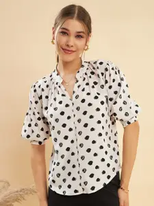 KASSUALLY Black Polka Dot Printed Mandarin Collar Puff Sleeve Crepe Shirt Style Top