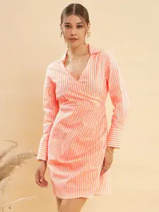 KASSUALLY Orange-Coloured & White Striped Shirt Collar Pure Cotton Wrap Dress
