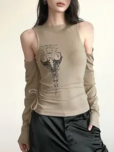 StyleCast Khaki Graphic Printed Cold-Shoulder Top
