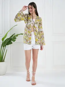 KASSUALLY Green & White Tropical Printed Tie-Up Shrug