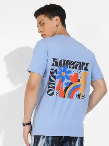 Campus Sutra Blue Graphic Printed Cotton T-shirt