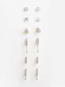 DressBerry Set Of 6 White Gold-Plated Contemporary Studs Earrings