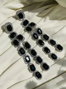 ISHKAARA Silver Plated Contemporary Cubic Zirconia Studded Drop Earrings