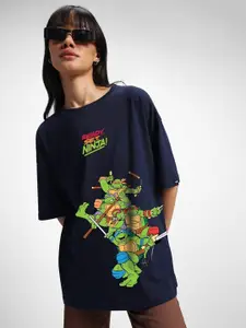 Bewakoof Blue Mutant Ninja Turtles Printed Round Neck Pure Cotton Oversized T-shirt