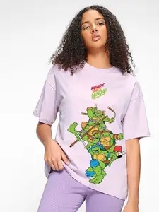 Bewakoof Purple Mutant Ninja Turtles Printed Round Neck Pure Cotton Oversized T-shirt
