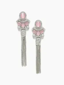 DressBerry Silver-Toned & Pink Rhodium-Plated American Diamond Contemporary Drop Earrings
