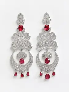 DressBerry Red Rhodium-Plated American Diamond Contemporary Drop Earrings