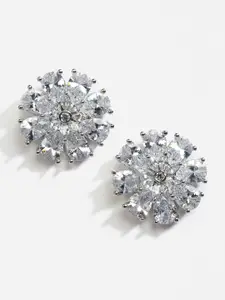 DressBerry Silver-Plated & White American Diamond Floral Studs Earrings