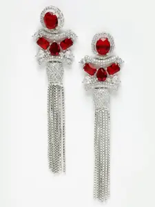 DressBerry Silver-Toned & Red Rhodium-Plated American Diamond Contemporary Drop Earrings