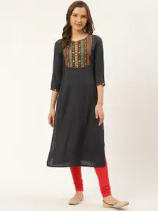 SUTI Ethnic Motifs Embroidered Keyhole Neck Thread Work Kurta