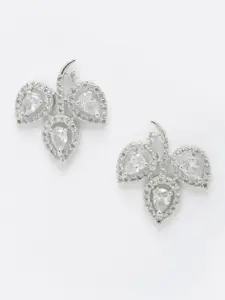 DressBerry Silver-Toned & White Rhodium-Plated American Diamond Leaf Shaped Studs Earrings