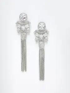 DressBerry Silver-Toned & White Rhodium-Plated American Diamond Contemporary Drop Earrings