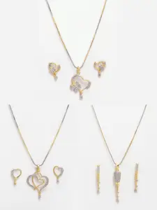 DressBerry Set Of 3 Gold-Plated CZ-Studded & Heart-Charm Pendant With Chain & Earrings