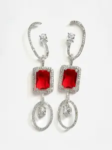 DressBerry Rhodium-Plated & Red AD-Studded Geometric Drop Earrings